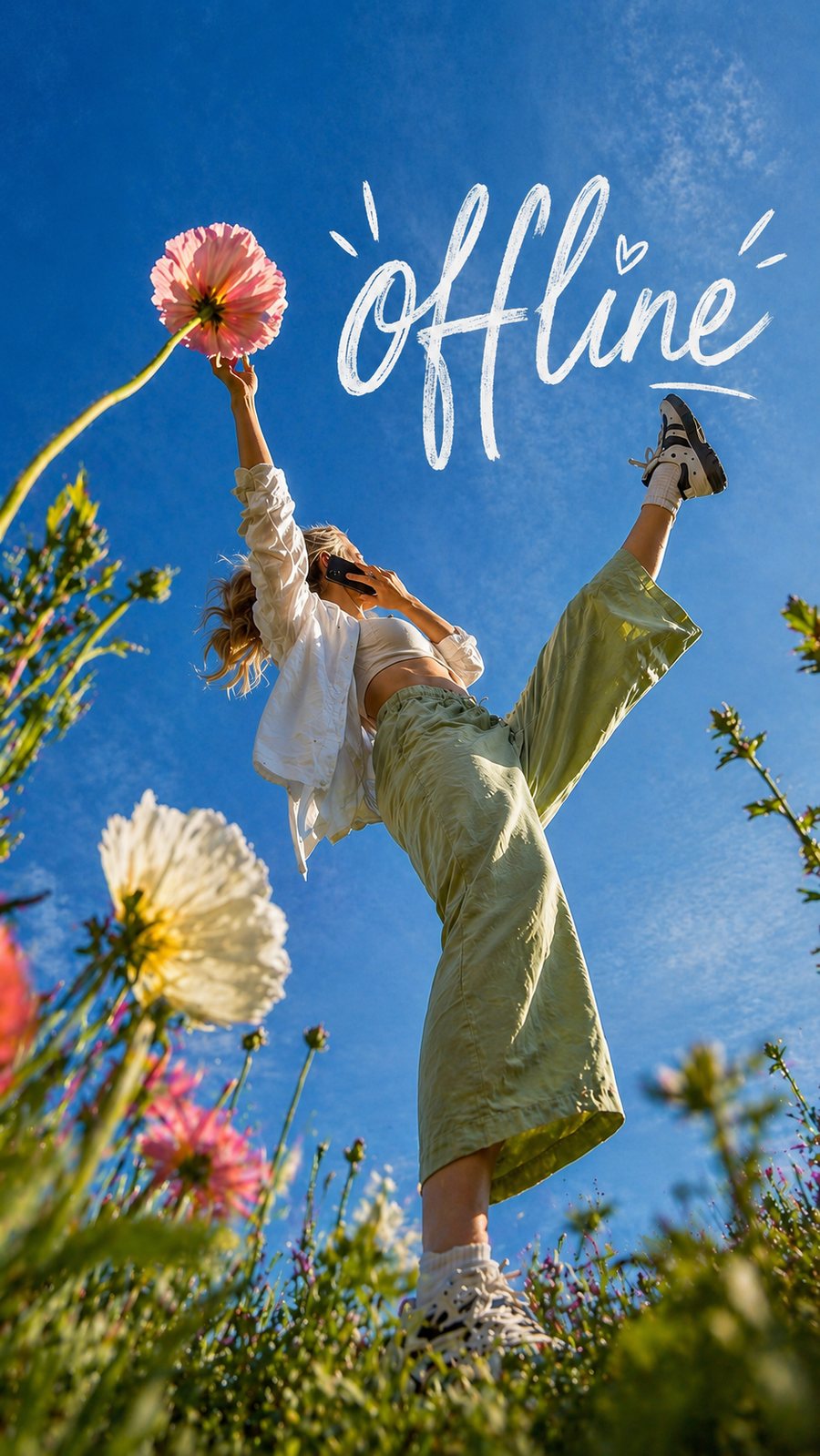 Someone dancing through a sunlit meadow with a phone to their ear — dictating, offline.
